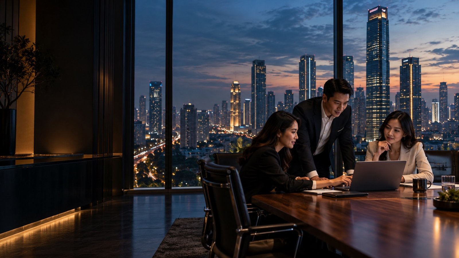 Illustrative business collaboration in a modern meeting room